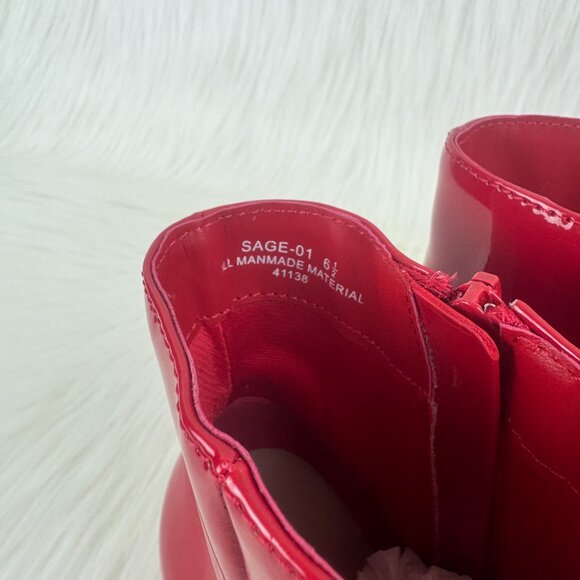 Women's Bamboo Red Faux Patent Leather Chunky Block Heel Ankle Bootie - Picture 10 of 11